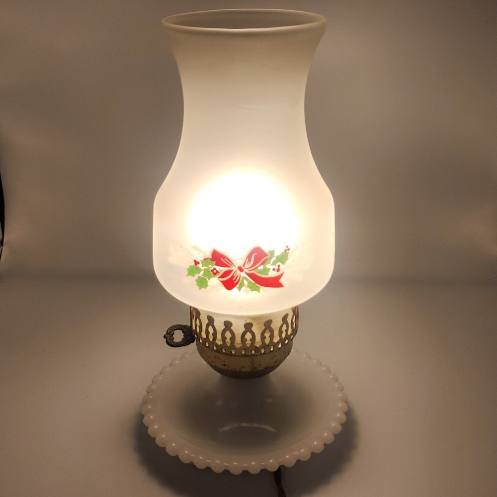 Leviton Vintage Christmas Hurricane Lamp Milk Glass Hobnail Frosted Holly Bow